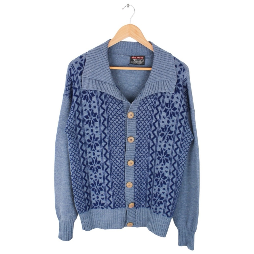 Vintage Campus Cardigan Sweater Nordic Pattern Fair Isle Blue Acrylic Size XL
